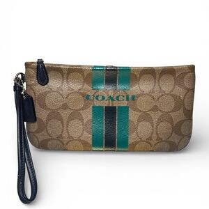 Coach Coated Canvas Khaki, Navy Blue, and Teal Large Wristlet Wallet